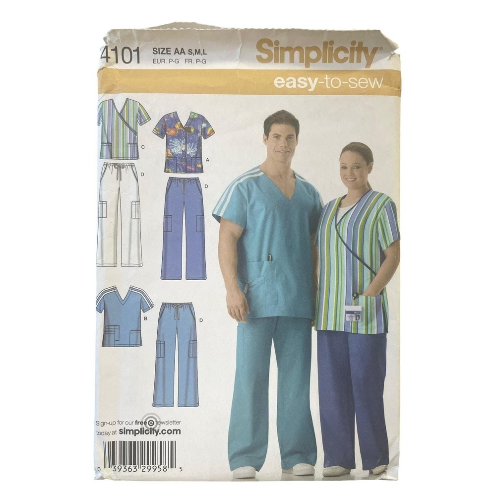 Simplicity 4101 Scrubs Tops Pants S M L Unisex S-L Easy Sewing Pattern‎ Uncut